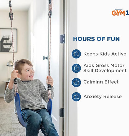 Gym1 Indoor Doorway Gym Set - Sensory Swing & Grip Rings - Adjustable Door Frame Pull-Up Bar for Kids & Adults - Door Frame Jungle Gym with Agility Ladder - 4-Piece, Blue