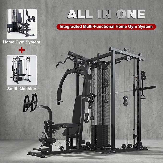 Multi-Functional Home Gym Workout Equipment, All-in-One Smith Machine w/150lbs Weight Stack&Cable Crossover, Leg Press, PEC Fly, LAT, Squat, Heavy Duty Full Body Training for Family, Black
