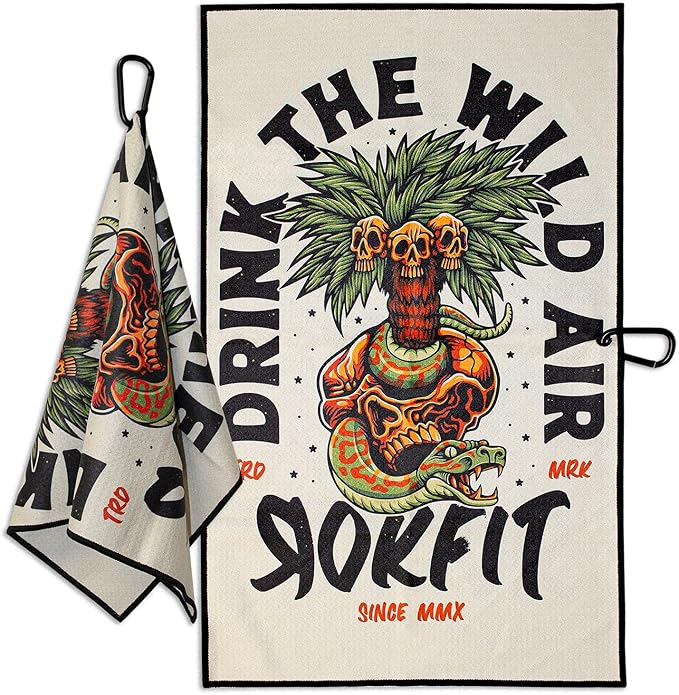 RokFit Gym & Golf Towel – Multi-Use, Quick-Dry, Durable Utility Towel with Bold Graphic and Carabiner Clip (Drink The Wild Air)