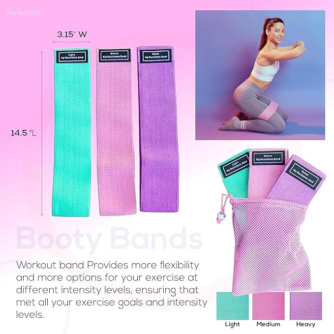 Perfect Stix Booty Bands - 3 Difficulties - Fabric Resistance Bands Set. Non Slip Stretch Bands. Exercise Bands for Legs and Butt. Includes a Pink Mesh Traveling Bag
