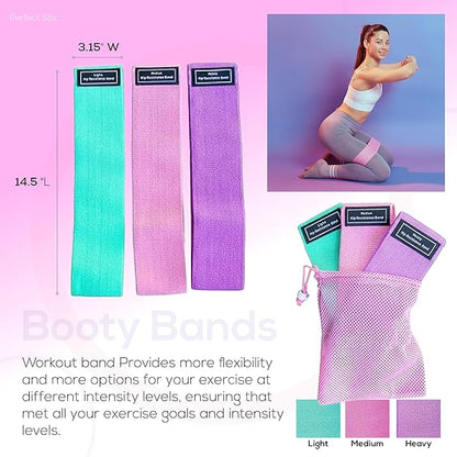 Perfect Stix Booty Bands - 3 Difficulties - Fabric Resistance Bands Set. Non Slip Stretch Bands. Exercise Bands for Legs and Butt. Includes a Pink Mesh Traveling Bag