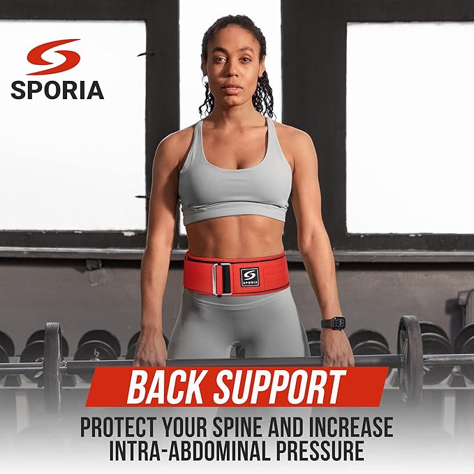 SPORIA Self-Locking Weight Lifting Belt | 4 inch Back Support | Includes Lifting Straps