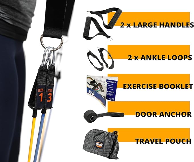 Brazyn Resistance Bands Kit with Handles 12-Piece Band Set with Travel Pouch, Guide, Ankle Straps & Door Anchor - for Workouts Gym Strength Training Bungee Yoga Pilates Physical Therapy - 150lbs