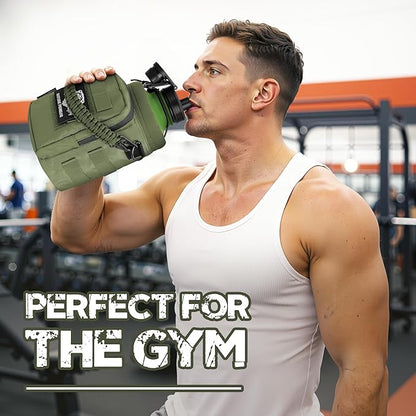 NATURE PIONEOR 64 oz Tactical Water Bottle Set, Stainless Steel Half Gallon Insulated Water Bottle with Tactical MOLLE Bottle Carrier Sleeve, for Outdoor Work, Gym, Hiking, Camping