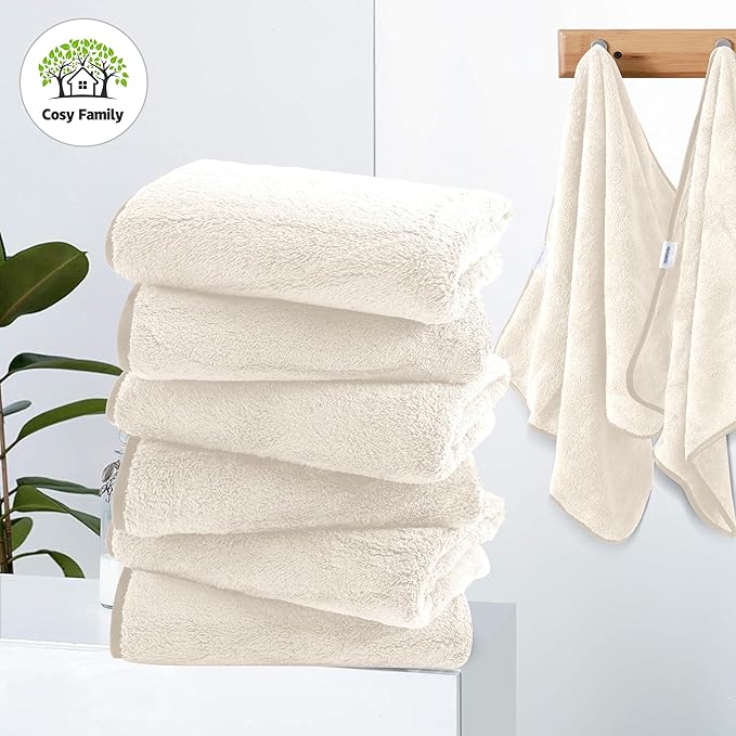 Cosy Family 6 Pack Ultra Soft Microfiber Absorbent Hand Towel, Silk Hemming Towels for Bathroom - Quick Drying - Perfect for Bath, Fitness, Gym, Shower, Hotel, and Spa - 16x28 Inch, Cream
