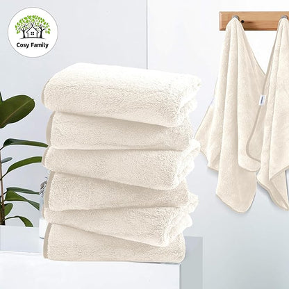 Cosy Family 6 Pack Ultra Soft Microfiber Absorbent Hand Towel, Silk Hemming Towels for Bathroom - Quick Drying - Perfect for Bath, Fitness, Gym, Shower, Hotel, and Spa - 16x28 Inch, Cream