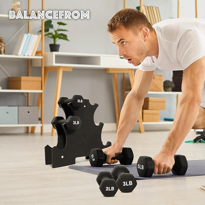 BalanceFrom Neoprene Coated Iron Dumbbell Hex Weights Set with Stand – Color-Coded or Black Options with Non-Slip Grip for Strength Training, Resistance Workouts, and Home Gym Fitness