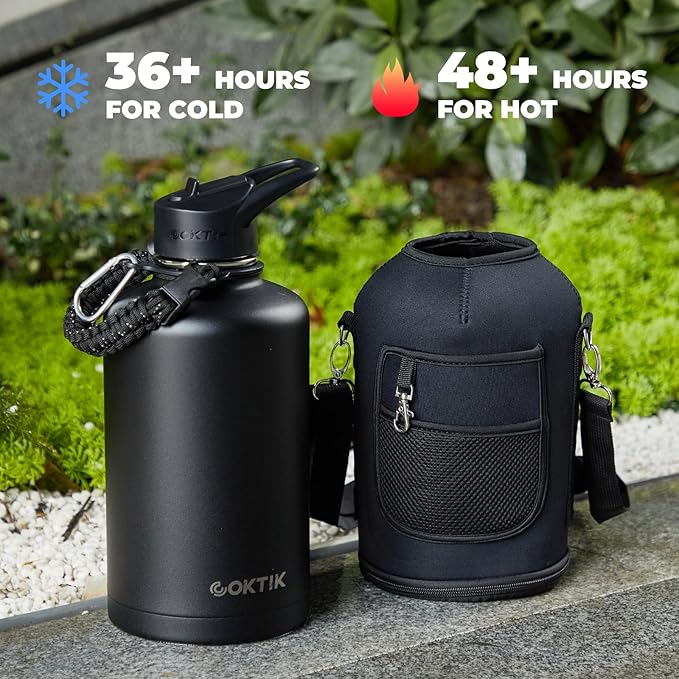 COKTIK 84oz Insulated Water Bottle - Stainless Steel Vacuum Metal, Portable ½ Gallon Large-Capacity Sports Bottle with Straw, Carry Bag and Handle Strap, Ideal for Gym & Hiking（Black)
