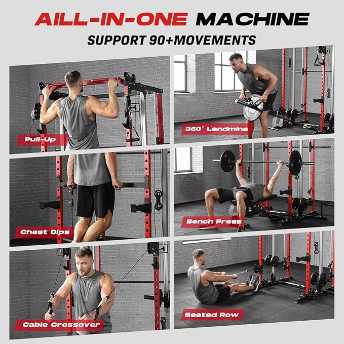 Power Cage Home Gym, Dual Pulley Cable Crossover System, All-in-One Squat Power Rack with Strength Training Attachments for Full-Body Workouts