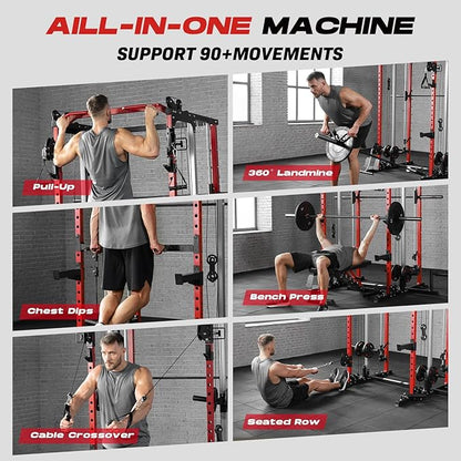 Power Cage Home Gym, Dual Pulley Cable Crossover System, All-in-One Squat Power Rack with Strength Training Attachments for Full-Body Workouts