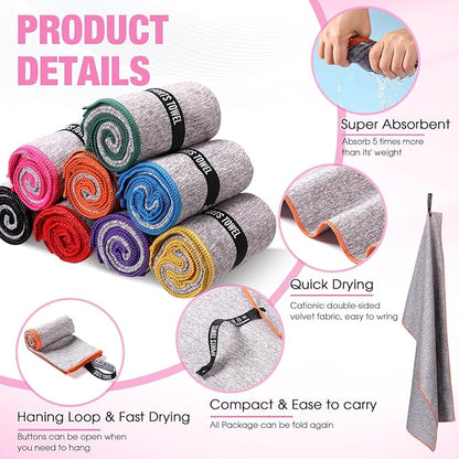 Peryiter 8 Pack Microfiber Quick Dry Gym Towels, Odor-Free Absorbent Fiber, Fast Drying Working Out Towel for Men & Women Hot Yoga Sweat Sports Exercise Fitness Gear(Bright Color)