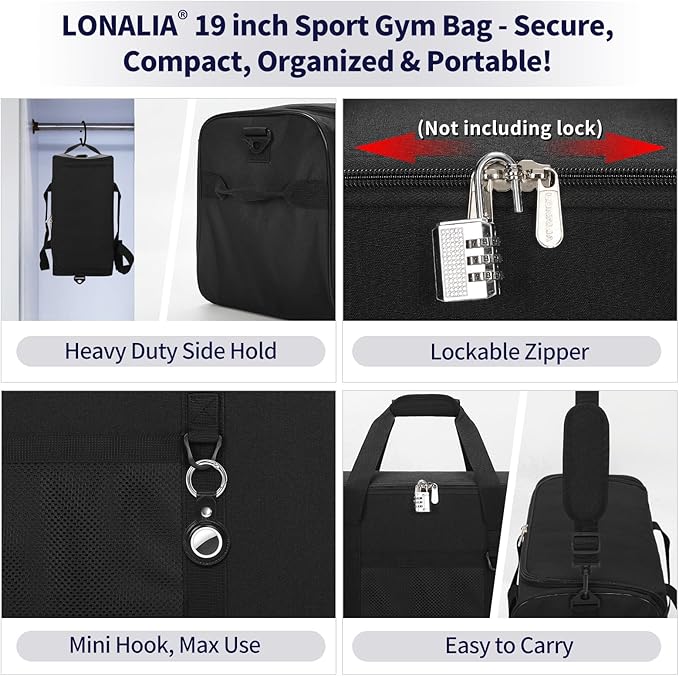 35L Sports Gym Duffle Bag - 19 inch Weekender Duffel for Workout, Basketball, Fitness, Training (Black)