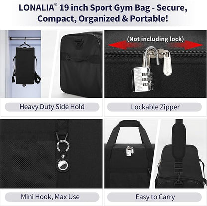 35L Sports Gym Duffle Bag - 19 inch Weekender Duffel for Workout, Basketball, Fitness, Training (Black)