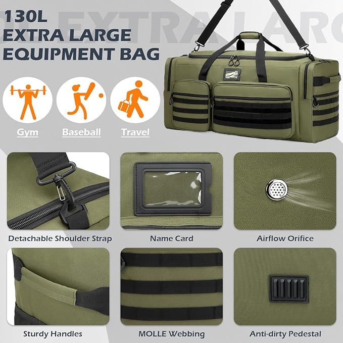 135L Large Duffle Bag, Heavy Duty Duffle Bag for Travel, Extra Large Sports Gym Equipment Bag for Soccer Baseball Basketball Hockey Football, Green