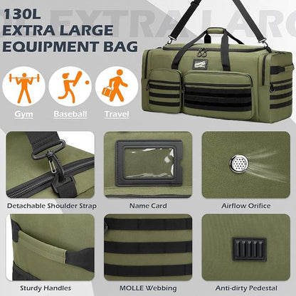 135L Large Duffle Bag, Heavy Duty Duffle Bag for Travel, Extra Large Sports Gym Equipment Bag for Soccer Baseball Basketball Hockey Football, Green