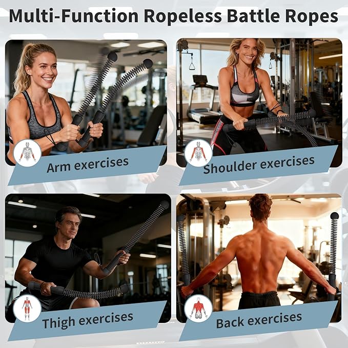 Ropeless Battle Ropes Weighted, 2 Pack Portable Cordless Battle Ropes for HIIT & Cardio Full-Body Workout Tool with Non-Slip Spiral Handles, Travel-Friendly Home Gym Equipment for Women & Men