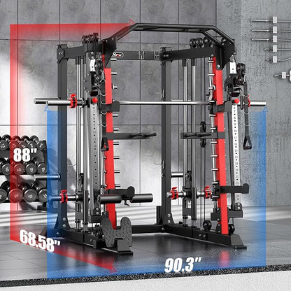 Smith Machine with Cable Crossover System, Multi-Function Squat Rack Power Cage for Home Gym, Power Rack and Packages Weight Sets