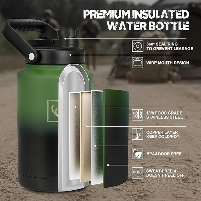 NATURE PIONEOR 1 Gallon Tactical Water Bottle Set, Stainless Steel 128 oz Sport Water Bottle with Tactical MOLLE Bottle Carrier Sleeve, for Outdoor Work, Gym, Hiking, Camping