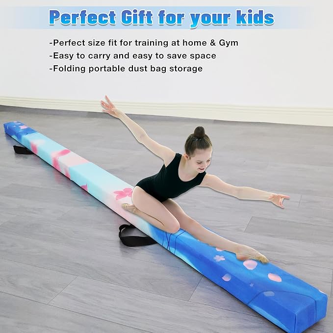 8FT Folding Balance Beam -Gymnastics Floor Beam -Gymnastics Equipment for Kids,Wood core- Anti-Slip Bottom and Carrying Bag for Home