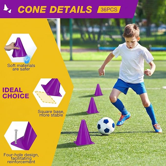 36pcs Cones 7 Inch Soccer Cones and Plastic Traffic Cones, Durable Cones for Sports Training, Ideal for Soccer, Basketball, Football, Skating, and Agility Drills Practice