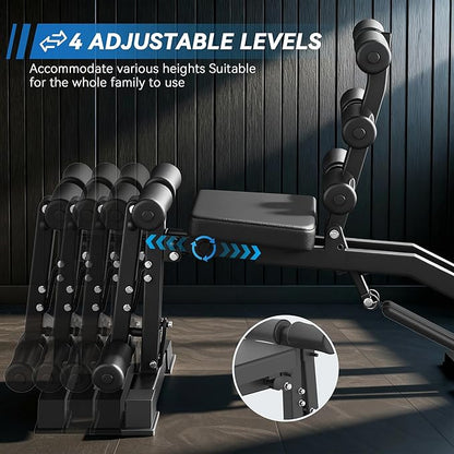 Adjustable Ab Bench for Home Gym, Multi-Functional Sit Up Bench with Height & Angle Adjustment, Foldable Core Trainer with Foam Rollers for Abdominal Workout, Back Extension & Full-Body Training