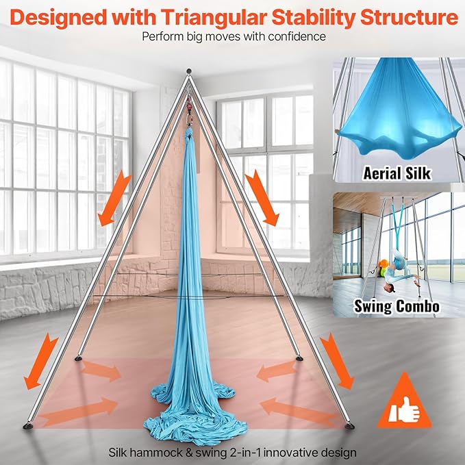 VEVOR Yoga Stand Frame, Max 441-551 lbs Load Swing Stand, Triangular Structure Aerial Rig, Aerial Silk Stands with Yoga Hammock, Standard & Height-Adjustable Version