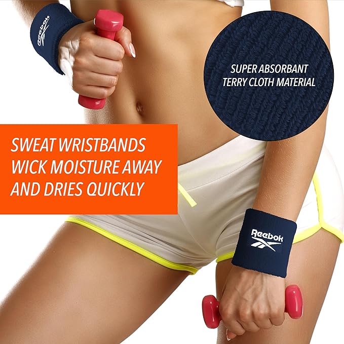 3pc Unisex Athletic Sweatband Set - 2.25in Workout Headband & 3.25in Wristbands w/Stay Dry Technology, Terry Cloth Band Moisture-Wicking Fabric | Quality Fitness Accessories for Active Comfort-Reebok