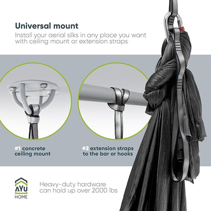 AyuHome Aerial Silks Kit for Home - Premium Yoga Swing for Kids and Adults with 660 lbs Capacity - Versatile Aerial Yoga Hammock for Gymnastics Training
