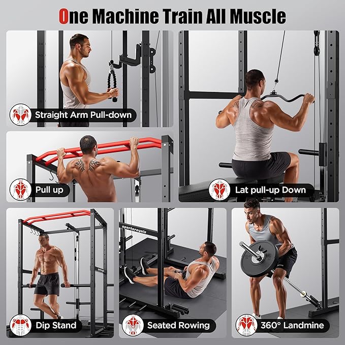 Sportsroyals Squat Rack, LAT Power Cage, Power Rack Multi-Function with Pulley System and Training Attachments for Home Gym