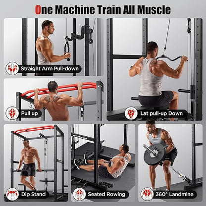 Sportsroyals Squat Rack, LAT Power Cage, Power Rack Multi-Function with Pulley System and Training Attachments for Home Gym