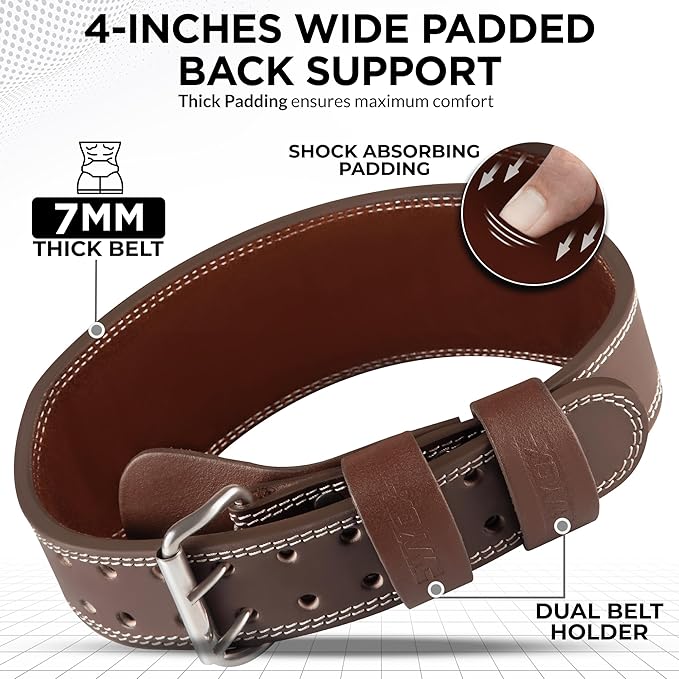 WYOX Weight Lifting Belt for Gym Fitness – Cowhide Leather, 4” Padded Lumbar Back Support lifting Belt, 8 Adjustable Holes, Ideal for Powerlifting, Bodybuilding, Deadlift, Squat & Strength Training