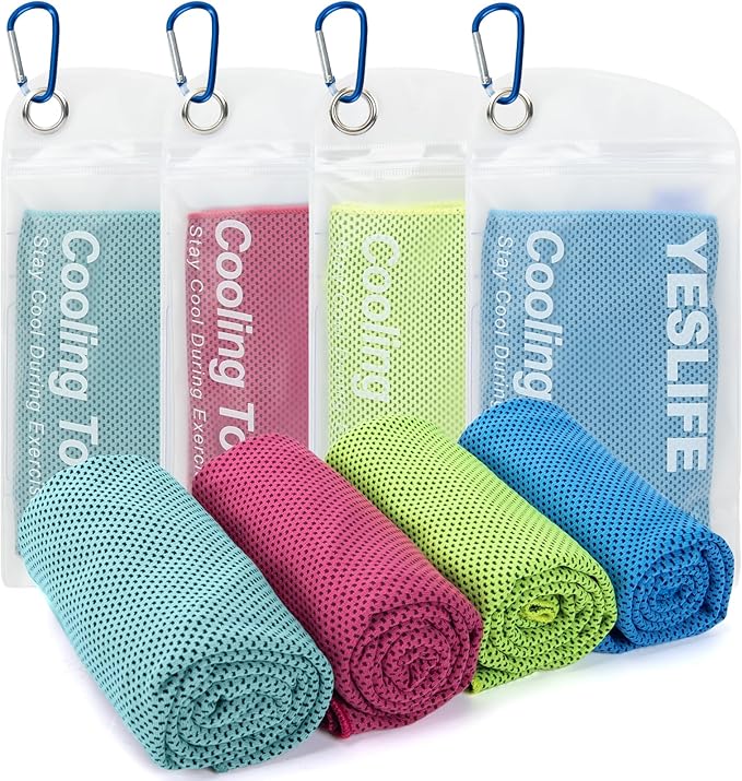 YESLIFE 4 Pack Cooling Towels 40"x12", Gym Towels for Men and Women, Soft Breathable Workout Towels for Yoga, Running, Sport, Workout, Camping, Fitness & More (Light Blue, Green, Lake Blue, Pink)