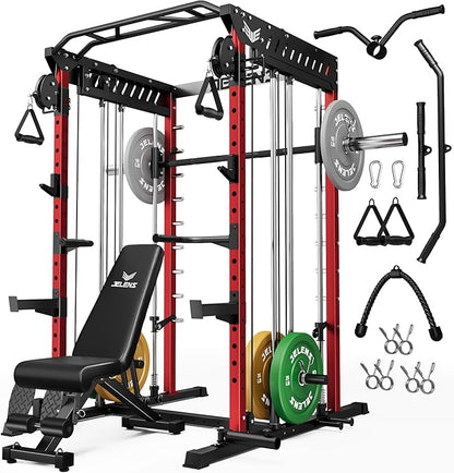 M21 Smith Machine, Multi-Function Power Cage with Dual Pulley Cable Crossover System, 2000LBS All-in-One Squat Rack with Smith Bar and Attachments for Home Gym Strength Training