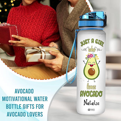 Hyturtle Personalized Avocado Water Bottle - 32oz 1Liter Motivational Water Bottle with Leak-Proof Lid Time Marker - Custom Name Gift for Avocado Lovers Women Girls - Birthday & Christmas Gift