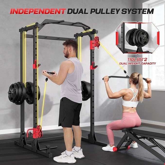 Power Cage with Dual Cable Crossover System, 2000LBS Heavy Duty Squat Rack with Independent Pulleys for Full Body Workout, All-in-One Home Gym Equipment,Compact 13.26 Sq Ft for Garage & Basement
