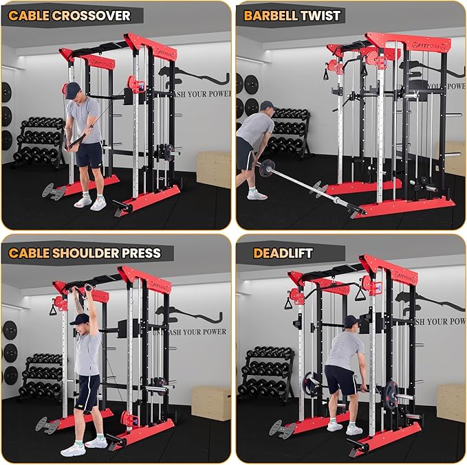 Power Cage SmithMachine - 3600 LBS Light Commercial Grade Squat Rack with Cable Crossover, All-in-One Power Rack with Weight Rack for Home Gym Equipment