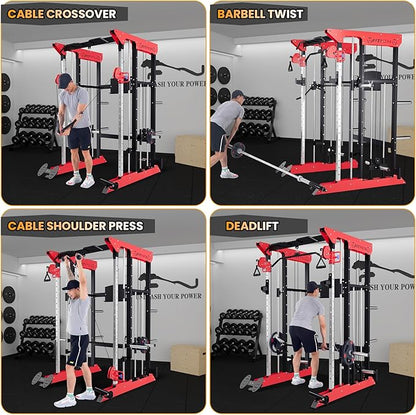 Power Cage SmithMachine - 3600 LBS Light Commercial Grade Squat Rack with Cable Crossover, All-in-One Power Rack with Weight Rack for Home Gym Equipment