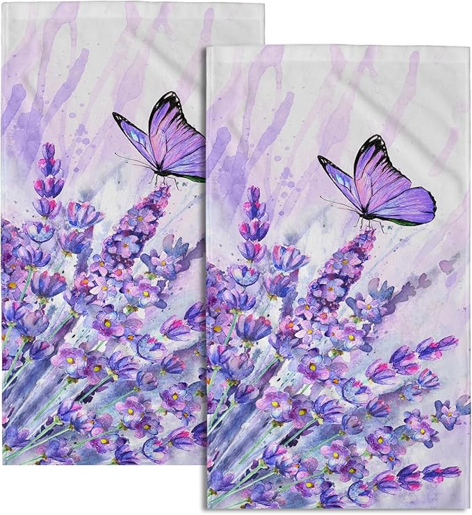 Watercolor Lavender Butterfly Kitchen Towels Set of 2 Purple Flower Butterflies Decorative Dish Towels Spring Floral Drying Baking Cooking Cloth Seasonal Super Soft Towels for Home Kitchen Face Towel