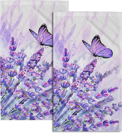 Watercolor Lavender Butterfly Kitchen Towels Set of 2 Purple Flower Butterflies Decorative Dish Towels Spring Floral Drying Baking Cooking Cloth Seasonal Super Soft Towels for Home Kitchen Face Towel