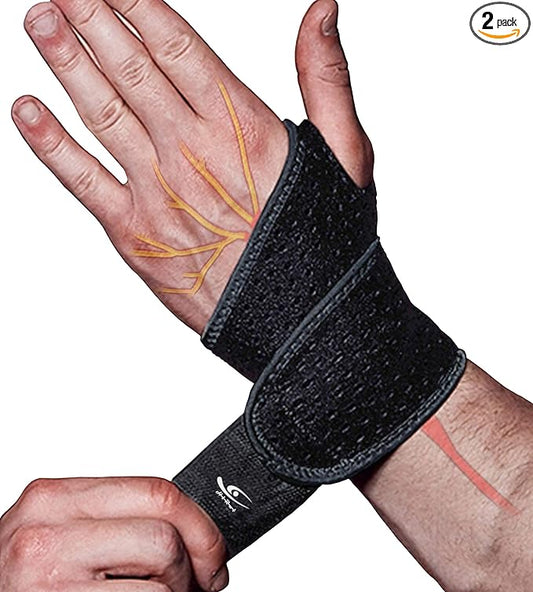 HiRui 2 Pack Wrist Compression Strap and Wrist Brace Sport Wrist Support for Fitness, Weightlifting, Tendonitis, Carpal Tunnel Arthritis, Pain Relief-Wear Anywhere-Adjustable (Black)