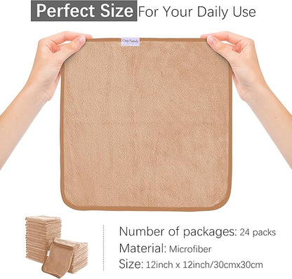 Cosy Family 24 Pack Soft Washcloths Set - 12 x 12 inches, Quick Drying - Highly Absorbent Coral Velvet Fingertip Towel Bathroom Wash Clothes for Bath, Spa, Facial, Kitchen - Brown