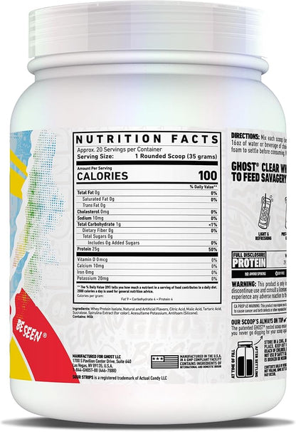 GHOST Clear Whey Isolate Protein Powder, Sour Strips - 1.54 LB Tub, 25G of Whey Protein - Post Workout Drink for Muscle Gain & Recovery – Sugar Free, Soy Free & Zero Fat, 20 Servings