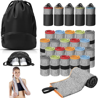 Peryiter 21Pcs Sports Drawstring Backpack and Gym Towels Microfiber Quick Dry Sweat Towel and String Swim Gym Bag Workout Accessories for Women Men Exercise Fitness Working Out Yoga Running