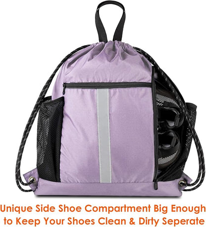 BeeGreen Lilac Drawstring Backpack Bag Gym Sports Backpack with Shoe Compartment and Two Water Bottle Holder for Women Men Large String Athletic Sackpack Workbag