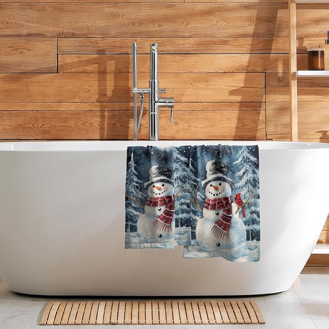 Winter Snowman Hand Bath Towel 2 Packs 28x14 inch Xmas Snow Snowflake Red Bird Decorative Kitchen Tea Dish Towels Seasonal Soft Absorbent Fingertip Towel for Home Bathroom Gym Spa