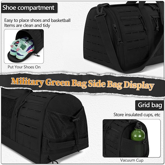 GMAK Military Tactical Duffle Bag for Men, 40L Sports Gym Bag with Shoe Compartment, Carry on Tote Travel Duffle Bag for Weekender Overnight Gym Workout Training Basketball Football, Black