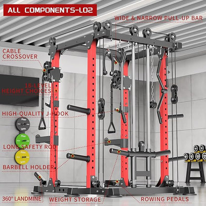 Multi-Purpose Squat Rack,Smith Machine Weight Rack Set with Cable Crossover System, Home Gym Power Racks, Power Racks and Packages
