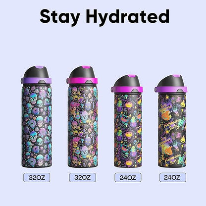 Insulated Water Bottle with Straw - Encool Stainless Steel Water Bottle with Push Button Lid, Leak-Proof & BPA-Free, Keeps Cold for 24 Hours for Sports, Travel, Gym (32 oz, Trippy Skulls)
