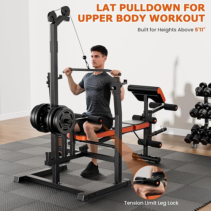 Fostoy 9-in-1 Adjustable Olympic Weight Bench with Lat Pulldown, Row, Squat Rack & Leg Curl – Multi-Function Strength Training Bench Press for Home Gym Full Body Workout