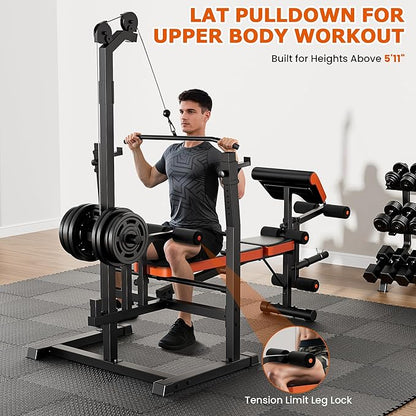 Fostoy 9-in-1 Adjustable Olympic Weight Bench with Lat Pulldown, Row, Squat Rack & Leg Curl – Multi-Function Strength Training Bench Press for Home Gym Full Body Workout